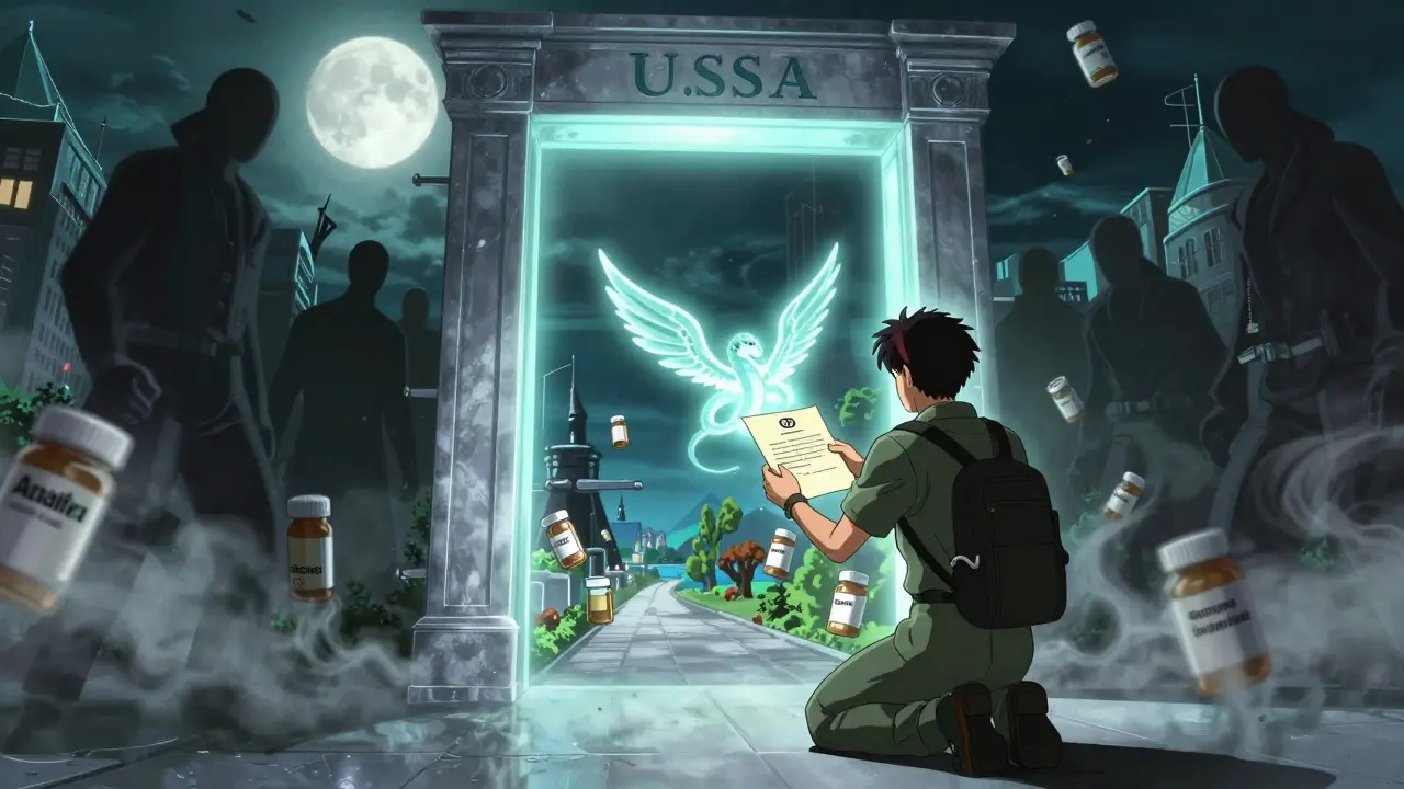 Traveler before embassy portal as banned medications dissolve, path of prescription bottles leads to distant lands.