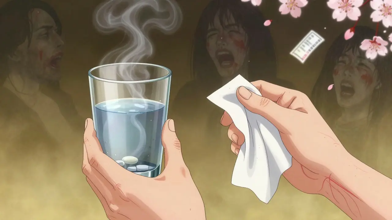 Trembling hands holding a pill and bloodied tissue, with glowing veins and shadowy medical symbols rising as smoke.