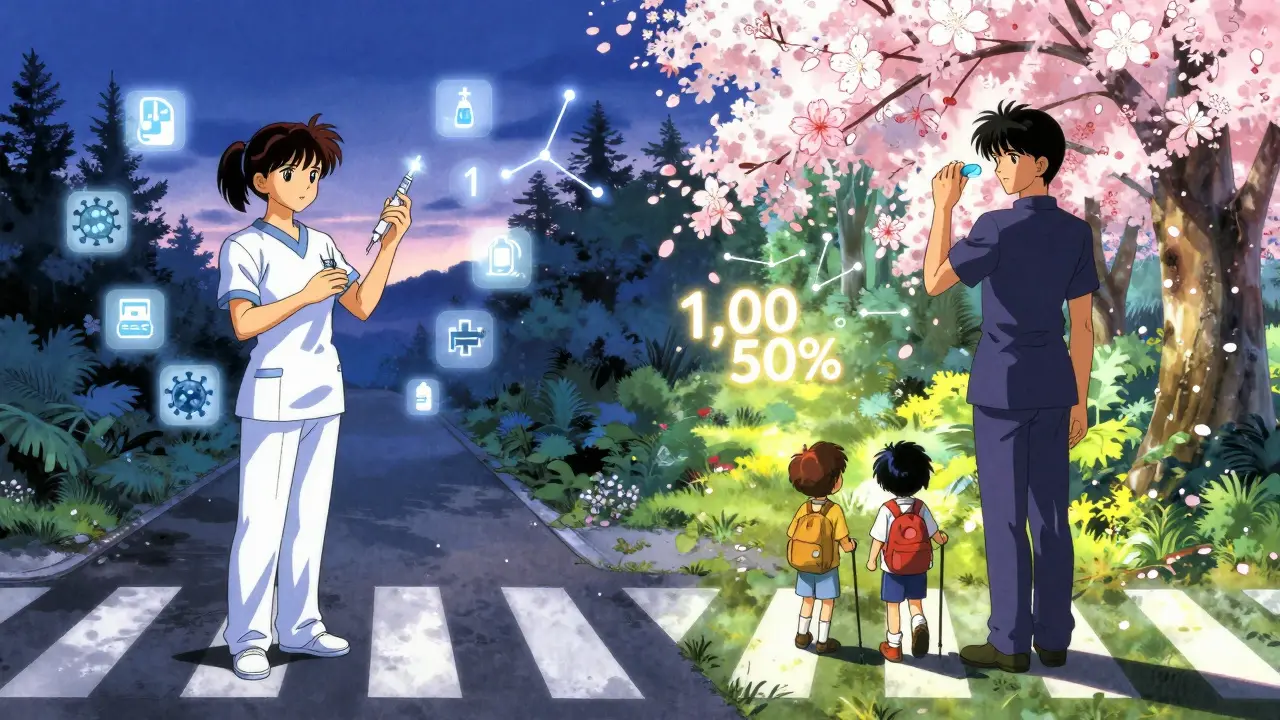 Two life paths diverge at a crossroads: one with medical injections and risks, the other with family and freedom, illustrated with floating numbers and dreamlike nature.