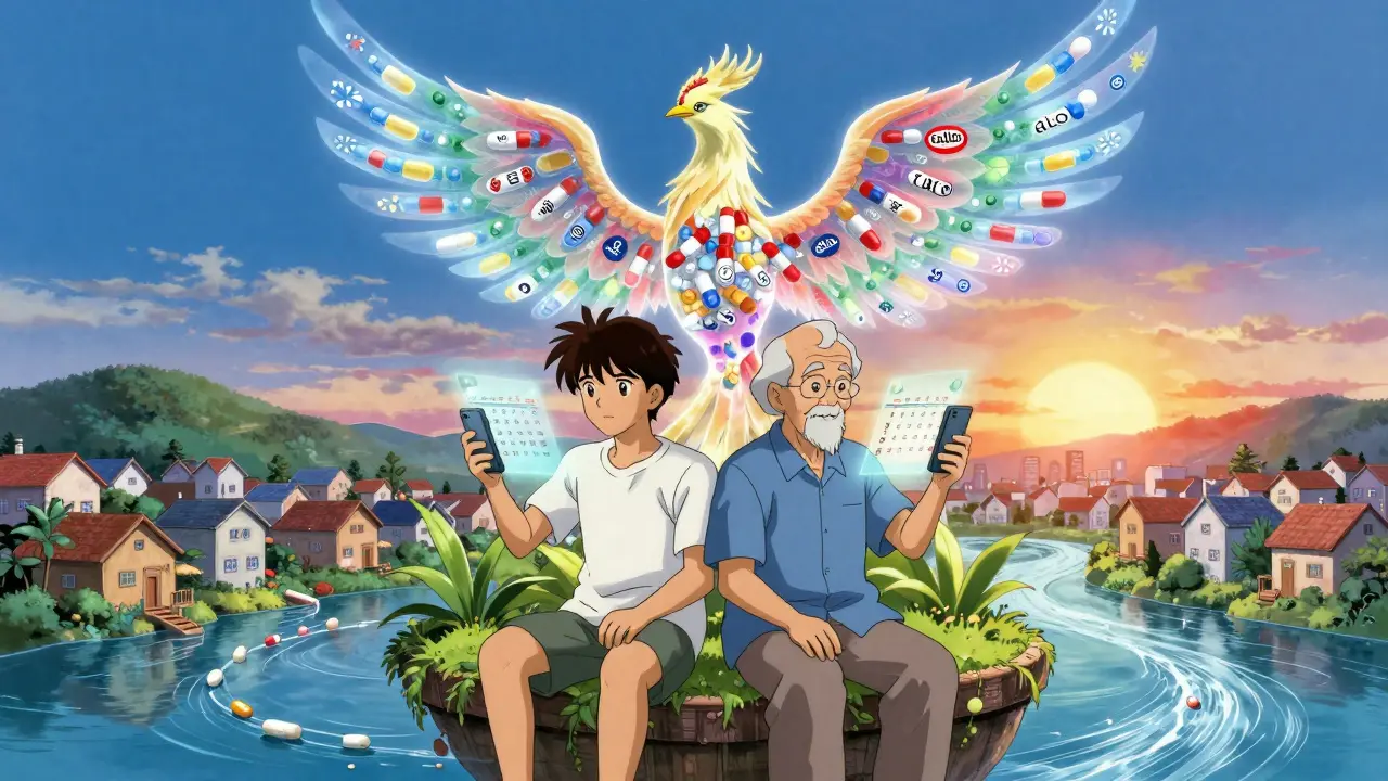 Two people on a floating garden with holographic med schedules, as a phoenix of prescription labels rises behind them.