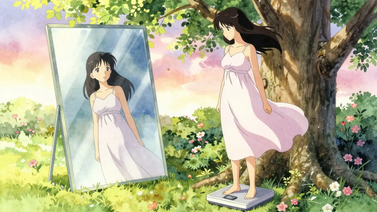 Woman standing on scale in garden with mirror reflecting weight gain.