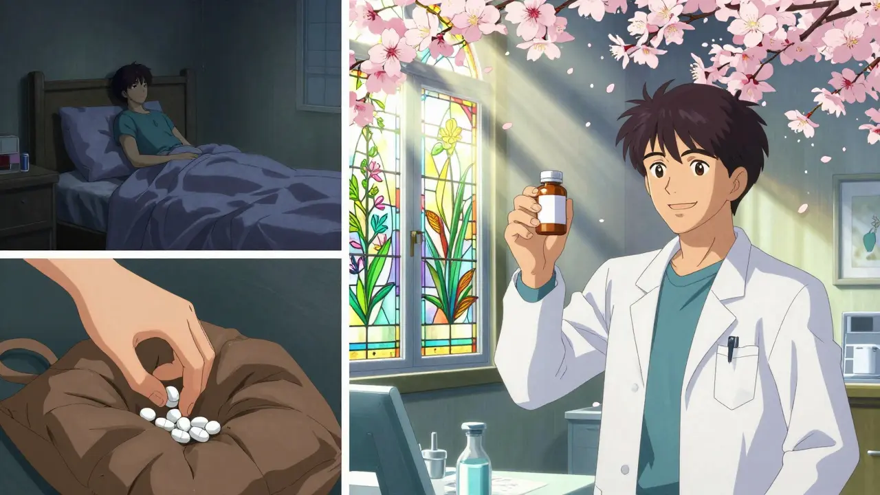 A man smiles as a single simplified pill bottle is handed to him, surrounded by falling cherry blossoms and golden light.