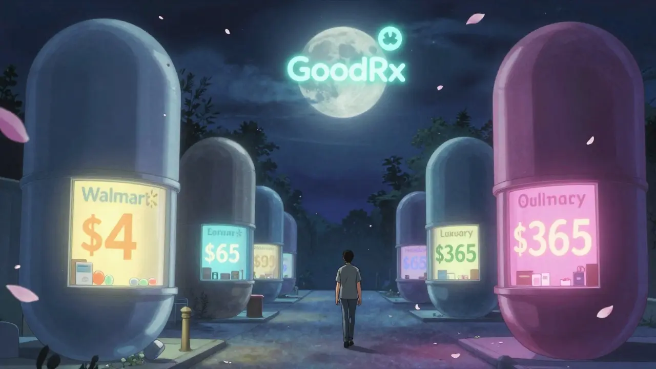 A person walking past surreal pharmacy buildings shaped like pills, with glowing price tags in the night.
