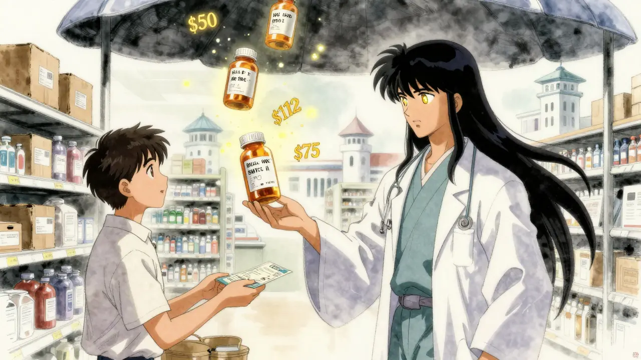 A pharmacist handing a coupon to a customer as savings numerals float like fireflies around them.
