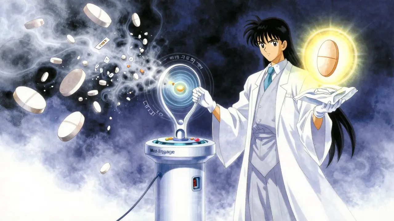 A pharmacist using a high-tech pill splitter with glowing sensors, while improperly crushed tablets turn to ash in the background.