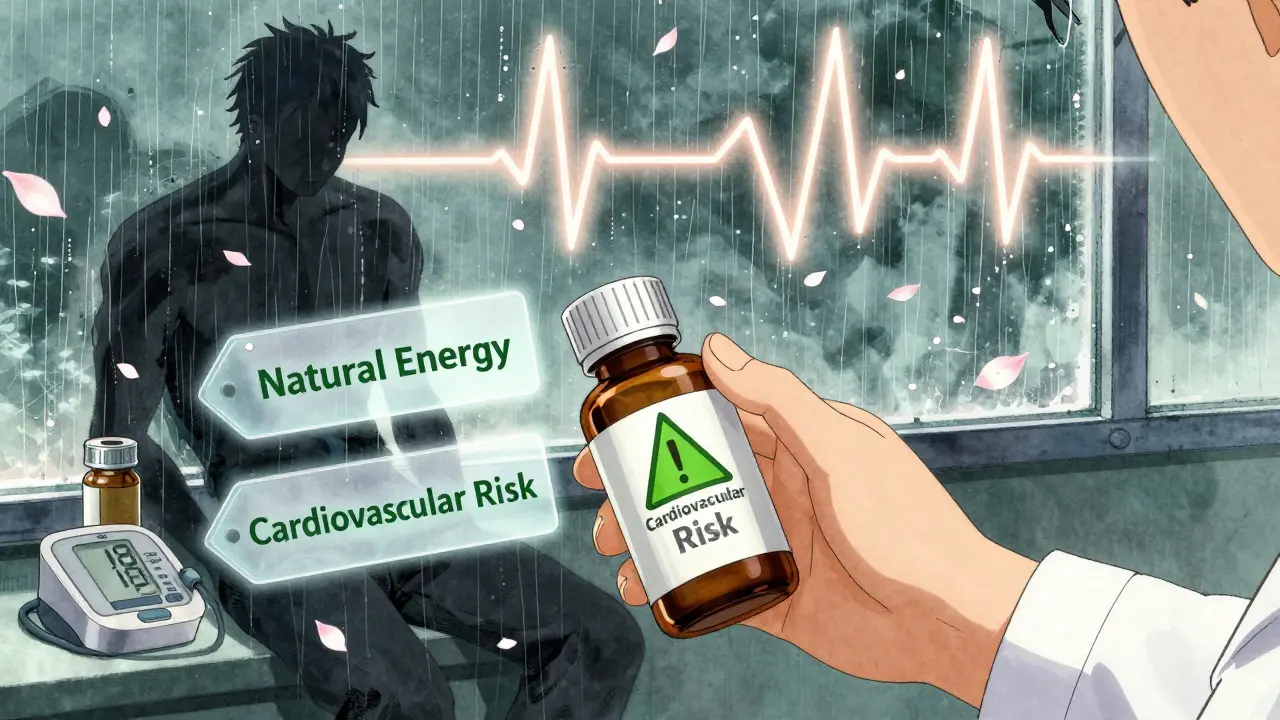 A pharmacist warns against green coffee extract with floating risk labels and a shadowed figure monitoring blood pressure in Amano's ink-wash aesthetic.