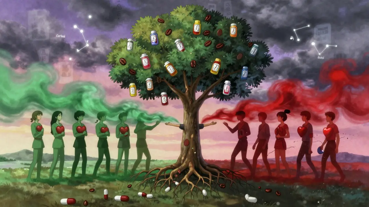 A surreal coffee tree grows pills and blood pressure numbers as opposing winds pull on a person caught between natural and pharmaceutical forces.