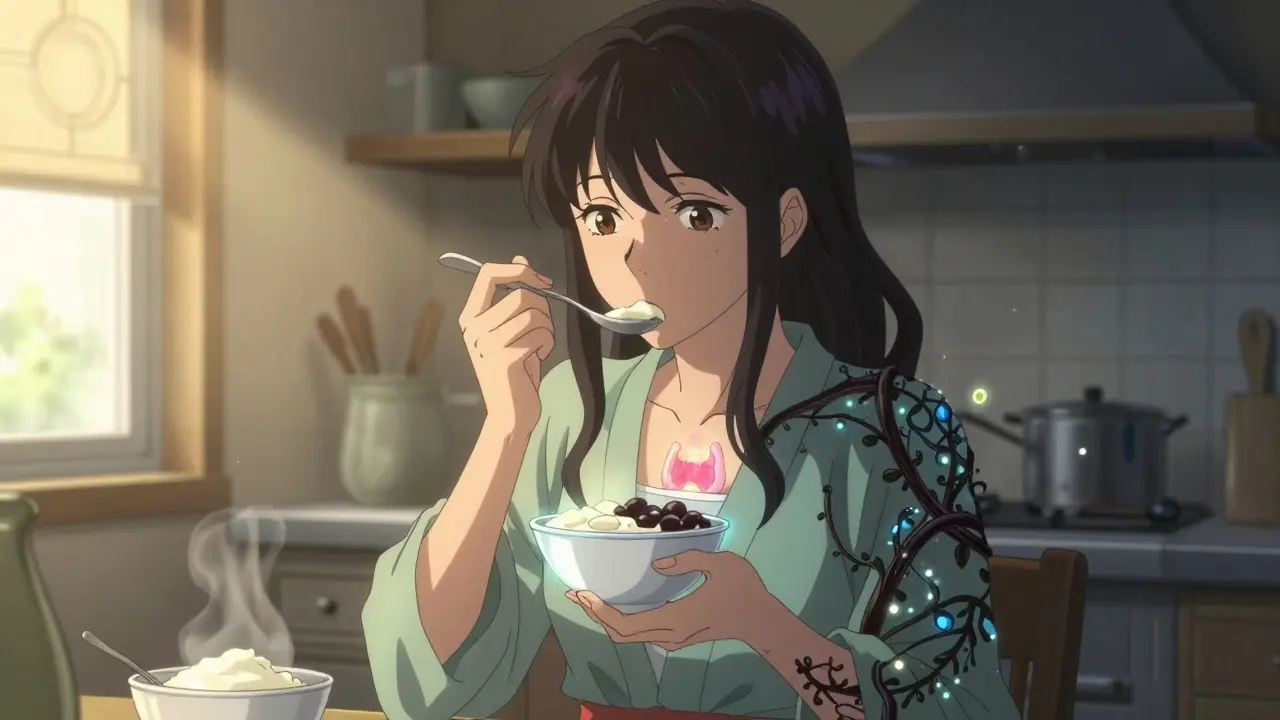 A woman eating soy yogurt, one side of her body glowing with thyroid health, the other shadowed by soy vines.