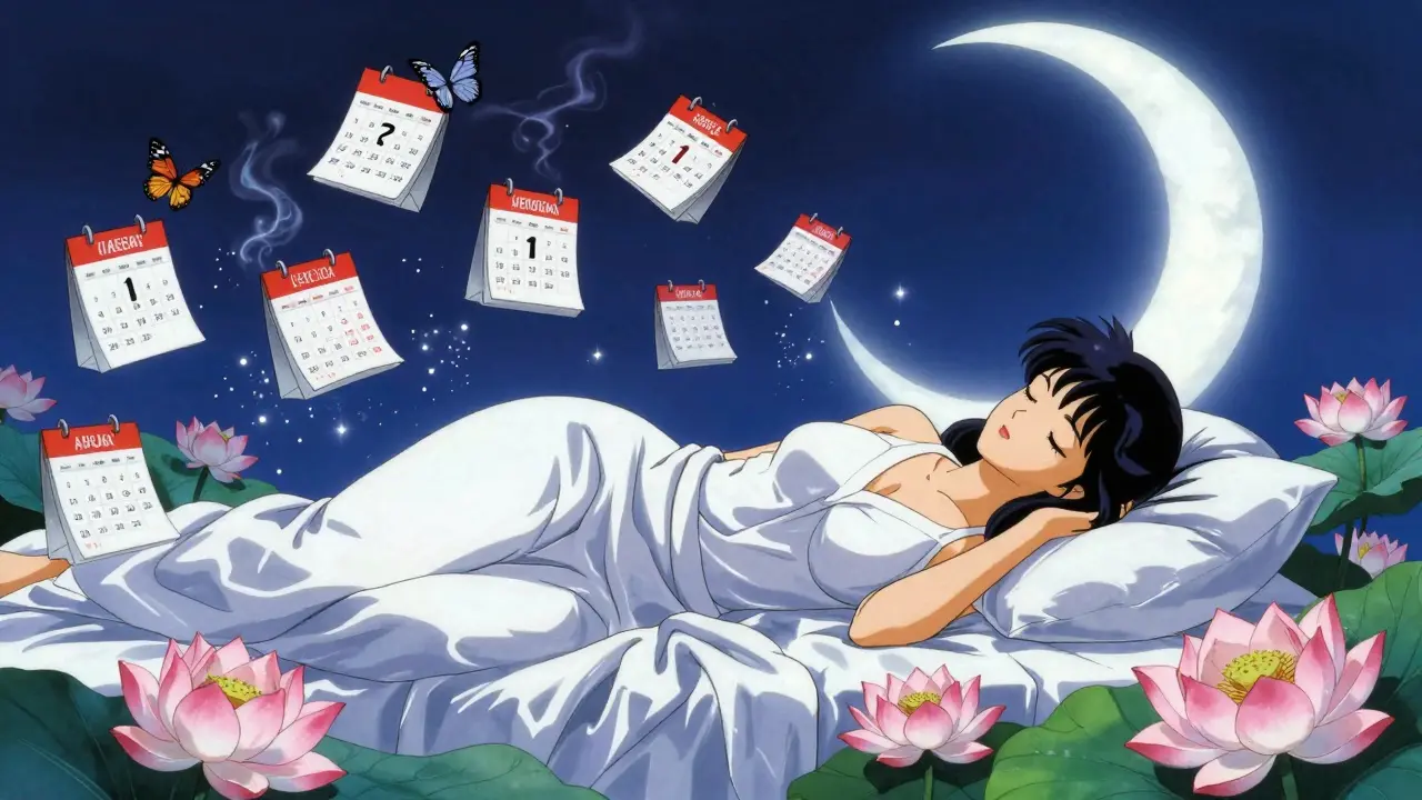 A woman resting among lotuses and floating calendars, symbolizing metabolic reset in Amano style.
