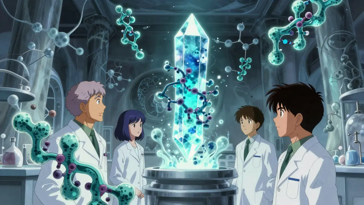 Abstract crystalline protein structures float in a void observed by robed figures.