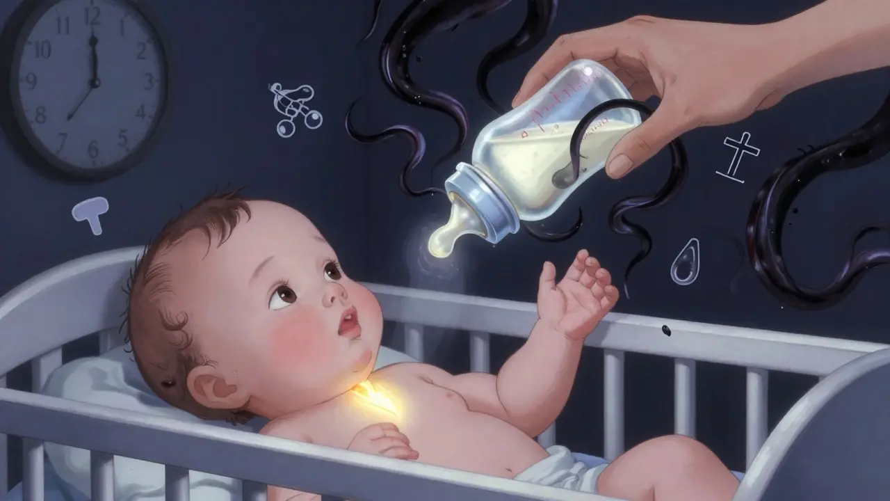 An infant with a glowing thyroid as a soy formula bottle blocks hormone light, surrounded by medical symbols.