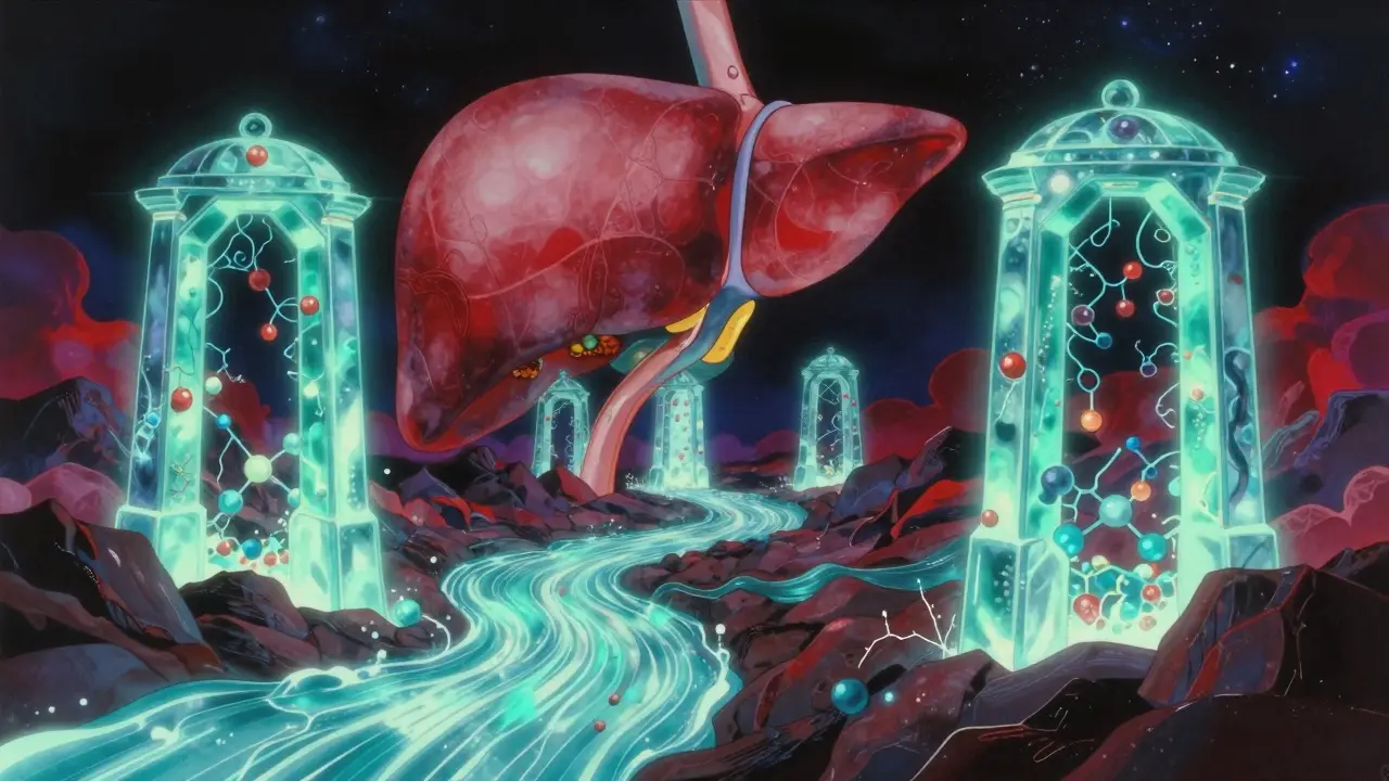 Fantasy landscape of liver enzymes blocking medicinal energy flows