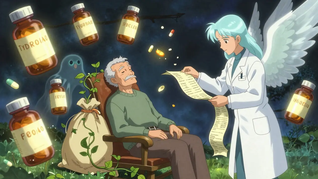 Floating medicine bottles and glowing labels drift in a dreamlike room as a calm pharmacist untangles a prescription ribbon.