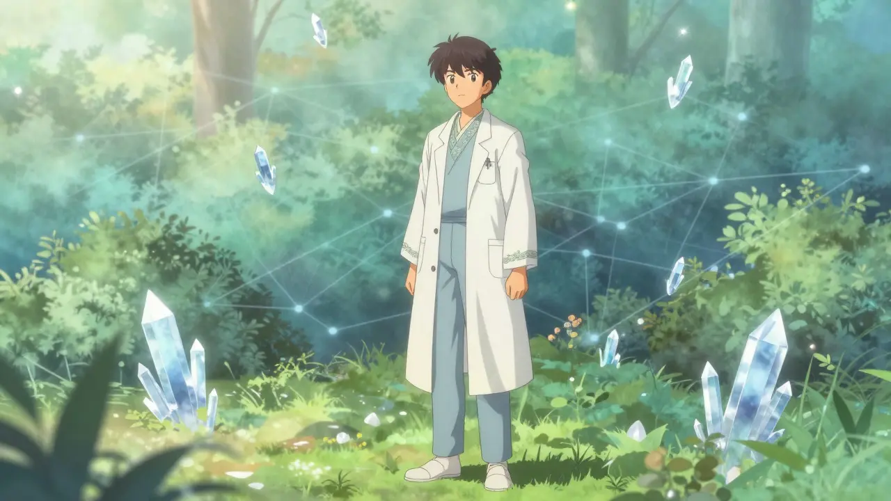 Pharmacist standing in sunlit garden with floating crystals