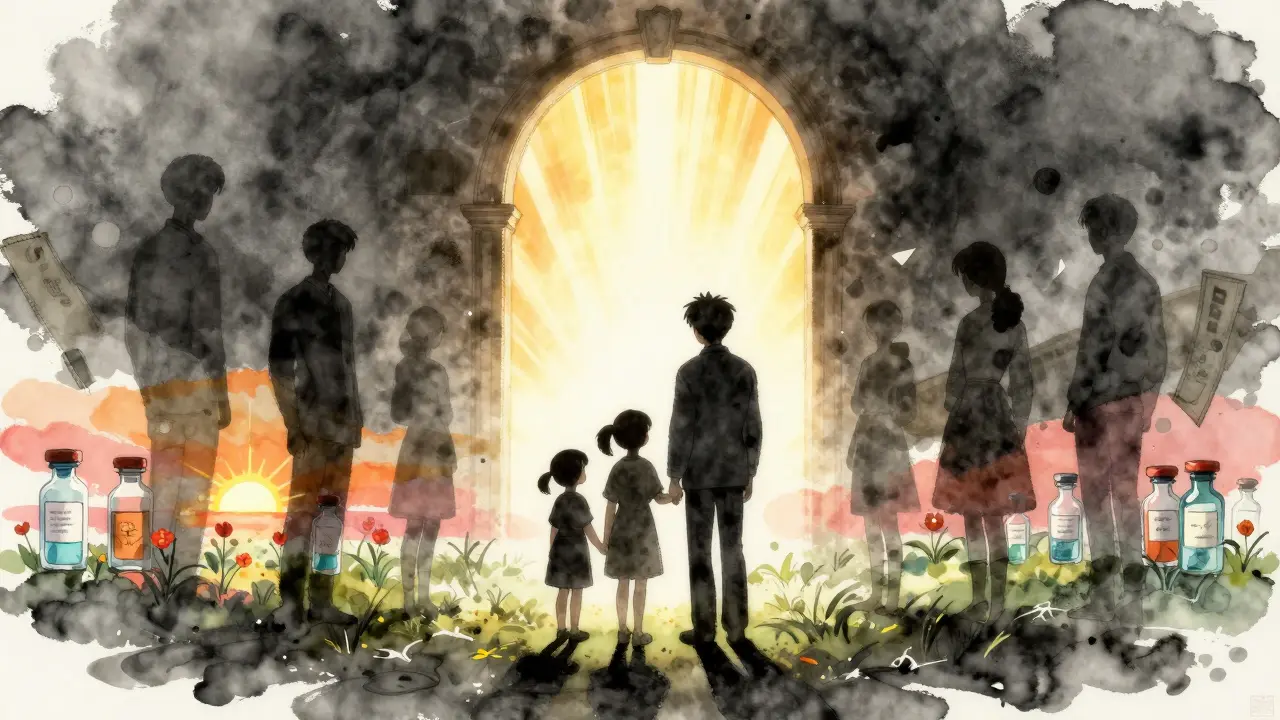 Silhouette of a family sheltered from shadows by a rising sun and barrier.
