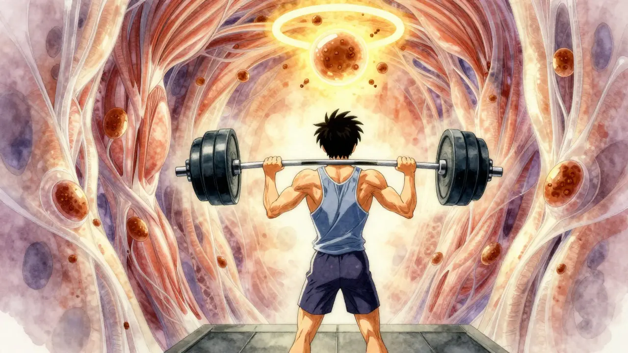 Someone lifting weights amid glowing muscle walls and protein orbs, in ethereal Amano style.