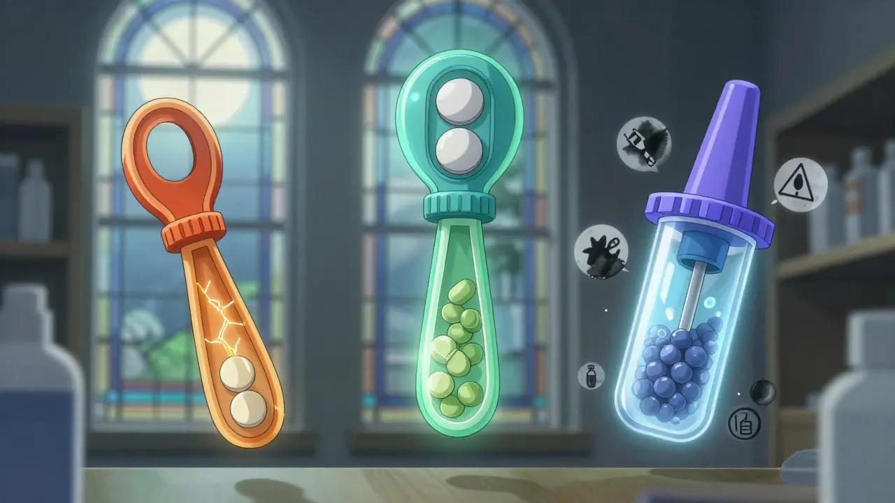Three color-coded pill splitters floating like sacred objects in a pharmacy, with protective and hazardous particles glowing around them.