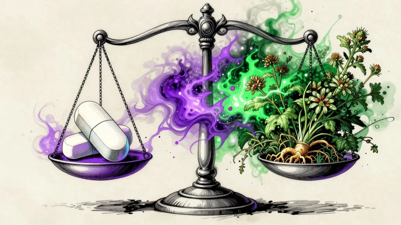 A balance scale comparing a pharmaceutical pill and herbal plants to illustrate drug interactions.