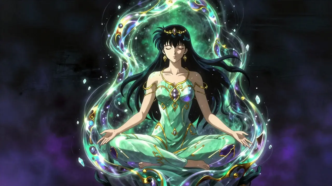 A figure inside a glowing iridescent cocoon representing lifelong medical recovery.