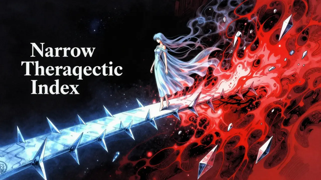 A figure on a thin crystalline bridge symbolizing the narrow window between effective and toxic drug doses.