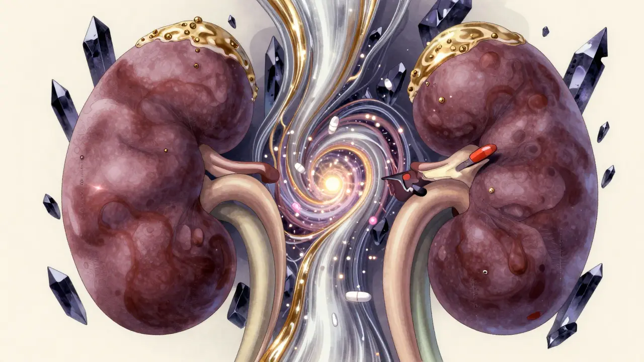 Abstract representation of kidney filtration being blocked by dark shards with swirling golden light.