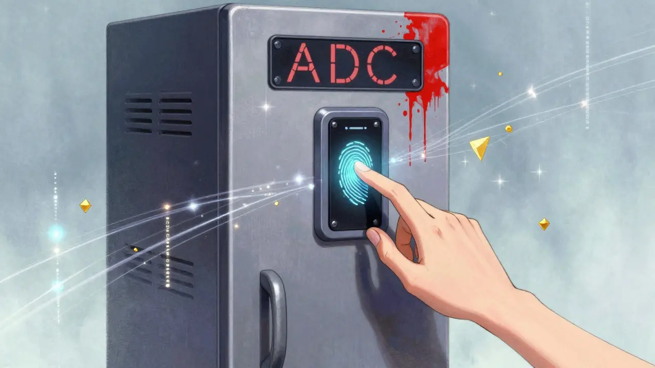 Artistic depiction of a biometric fingerprint scanner on a futuristic medical cabinet.