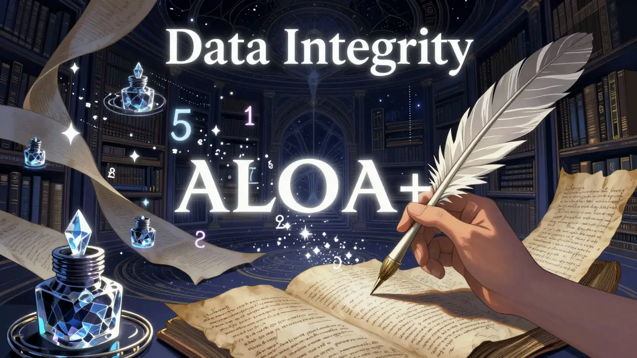 Artistic representation of data integrity with floating records and ink in Yoshitaka Amano style.