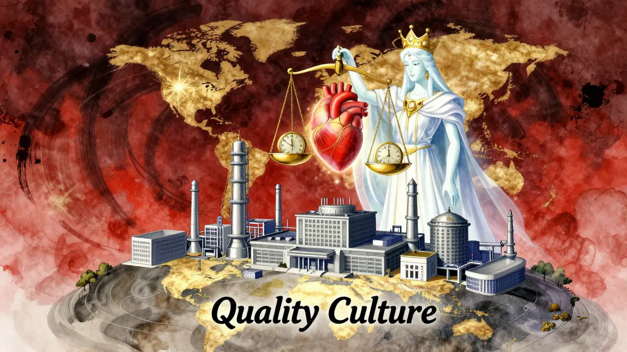 Conceptual Amano-style art showing the balance between production schedules and patient safety.