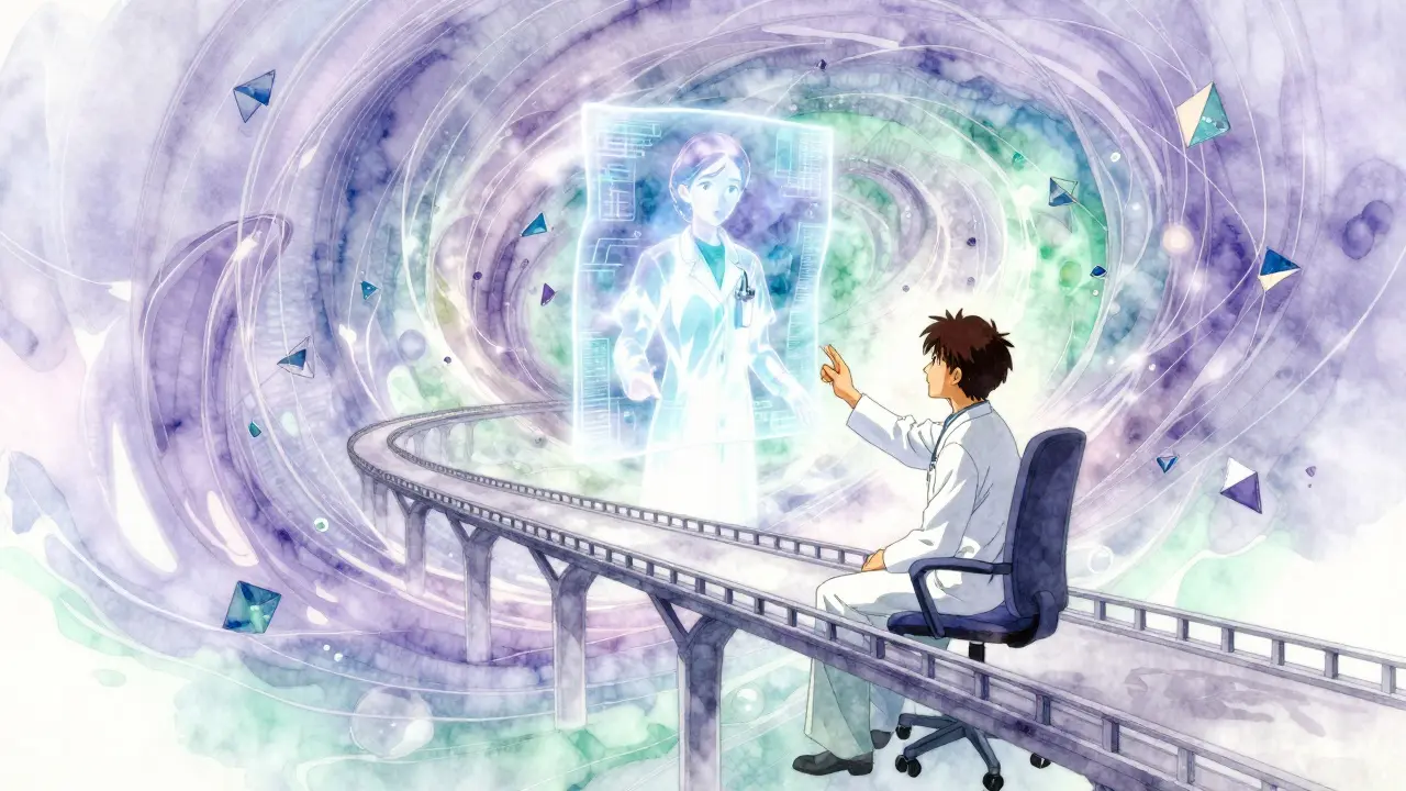 Dreamlike depiction of a holographic doctor and iridescent swirls in Amano style