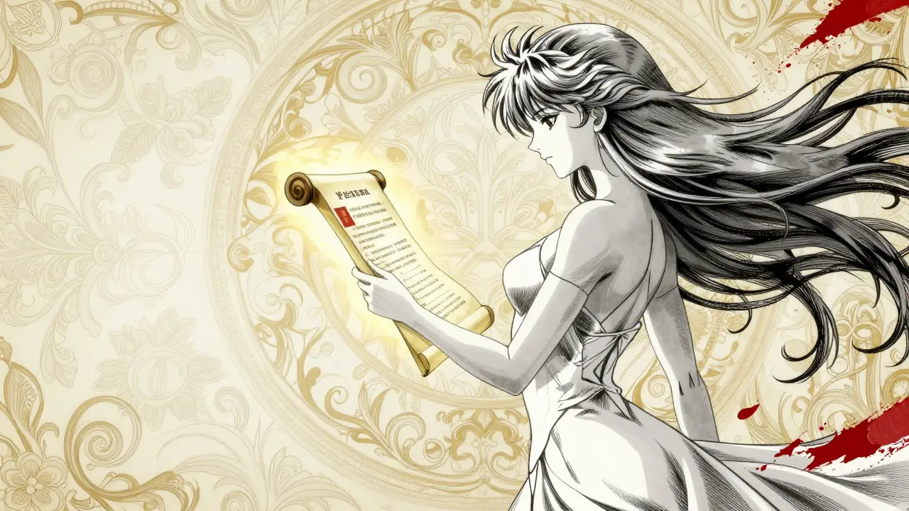 Elegant guardian figure holding a symbolic prescription scroll in Amano style