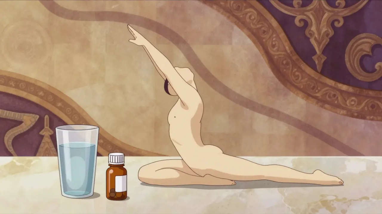 Graceful figure in a serene domestic setting with a glass of water and medication.