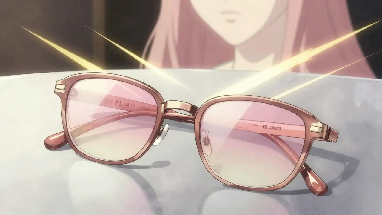 Rose-tinted therapeutic glasses filtering harsh light in an ethereal style