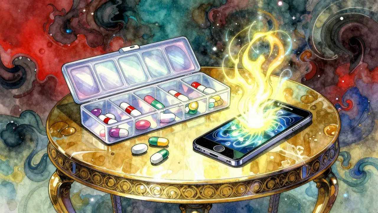 Stylized illustration of a pill organizer and glowing smartphone in a colorful, abstract setting.