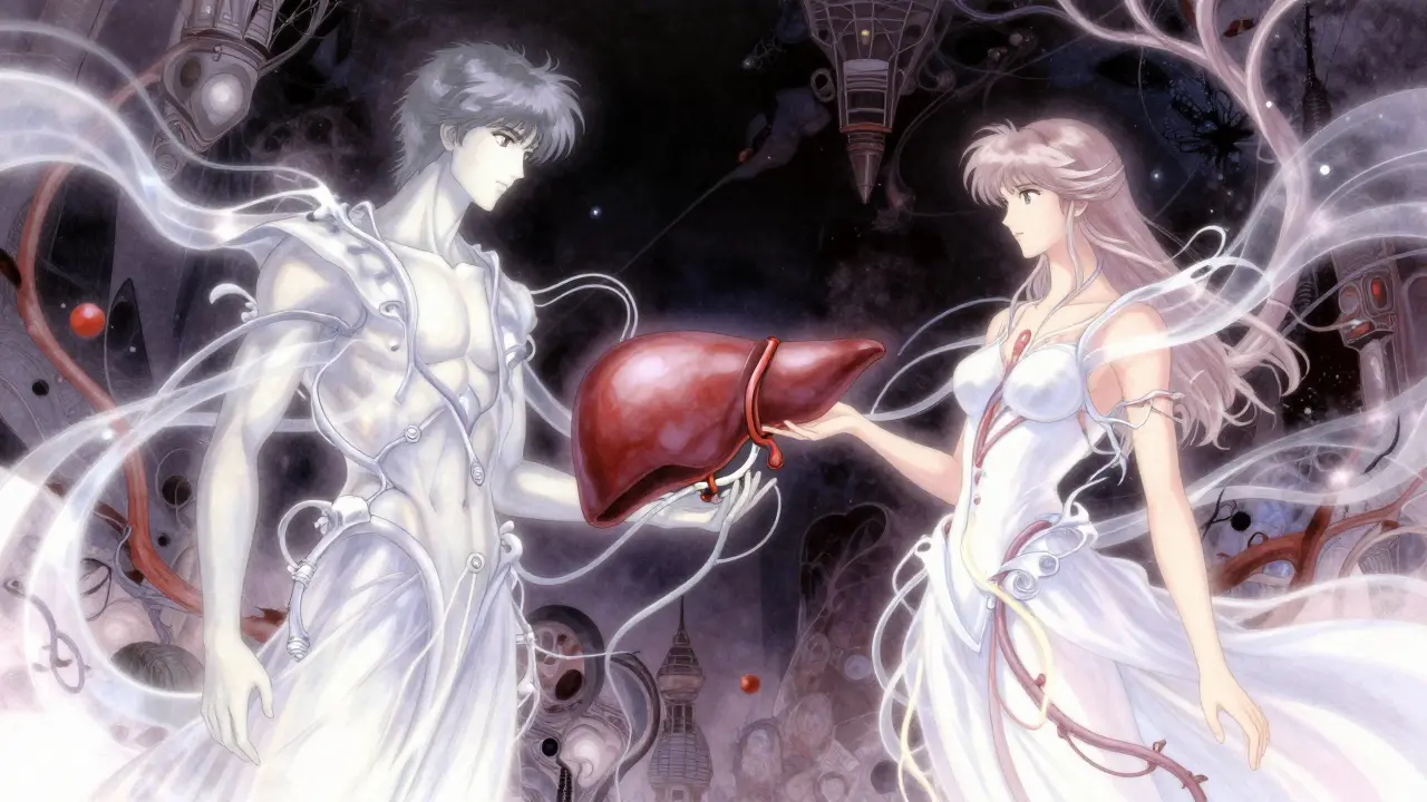 Two ethereal figures connected by ribbons of light symbolizing an organ donation.